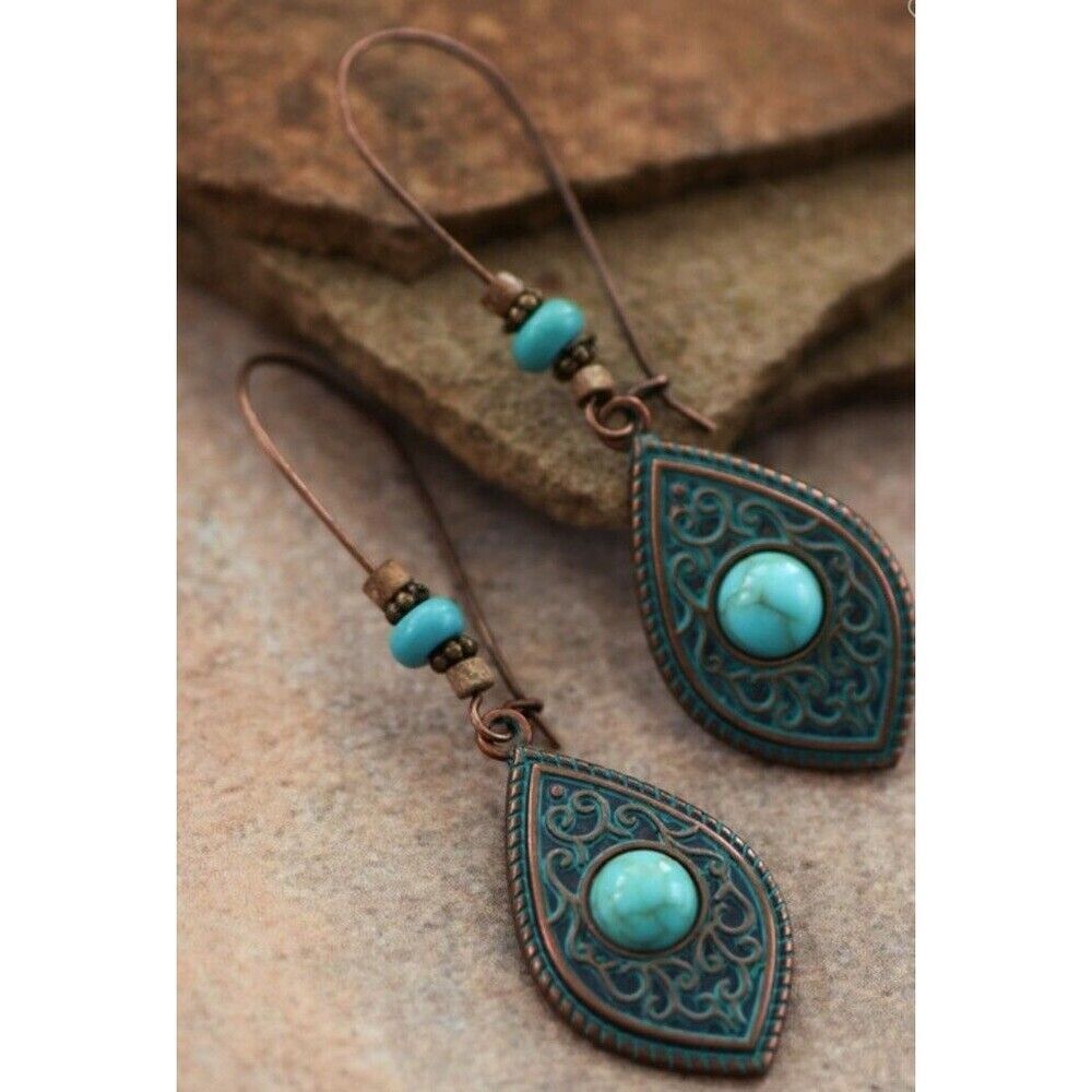 Vintage Turquoise Teardrop Earrings Boho Swirl Copper Alloy Beaded Hook 1 - Picture 3 of 4